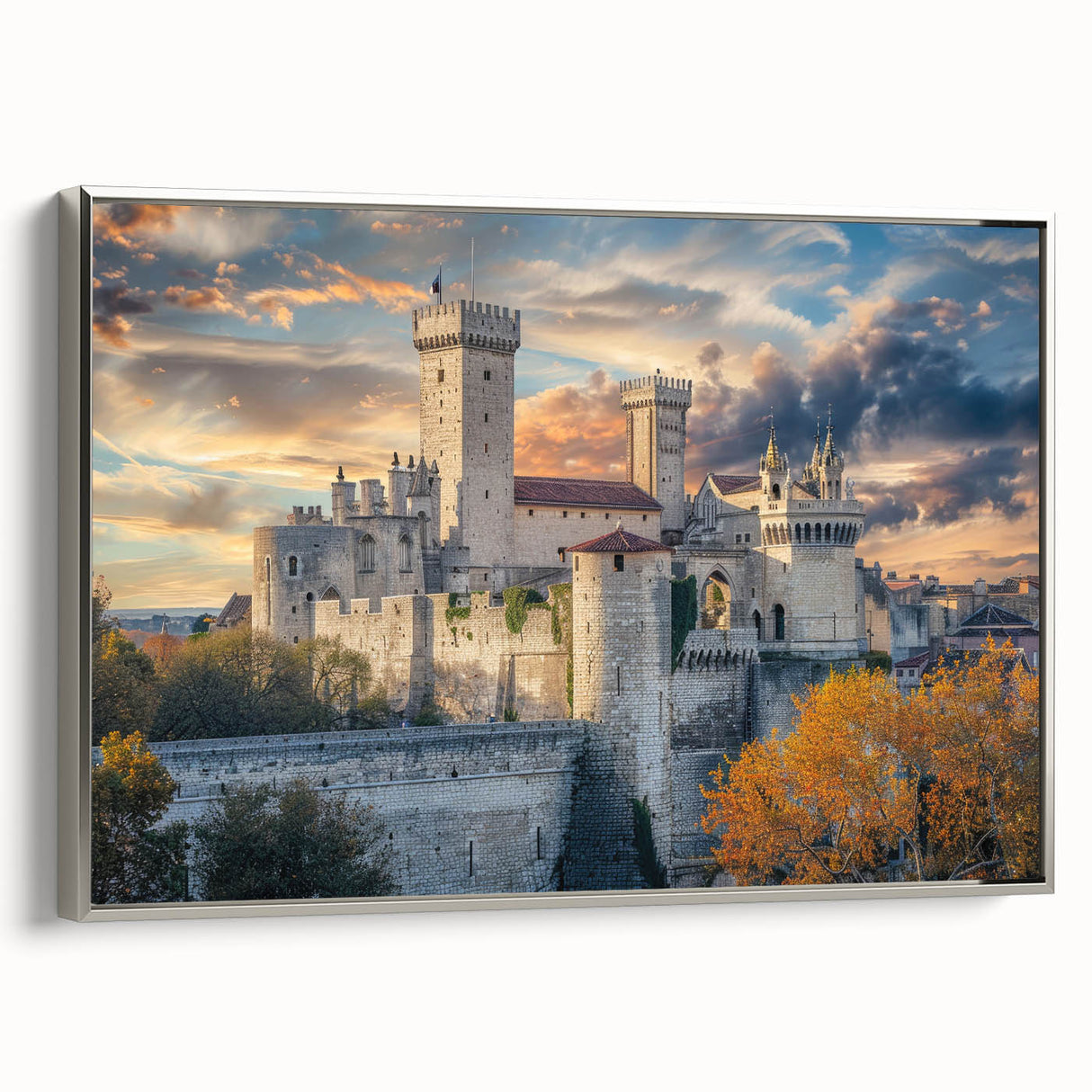 Vintage poster art of a palace in muted gold and black tones on framed canvas, ideal for living room decor.
