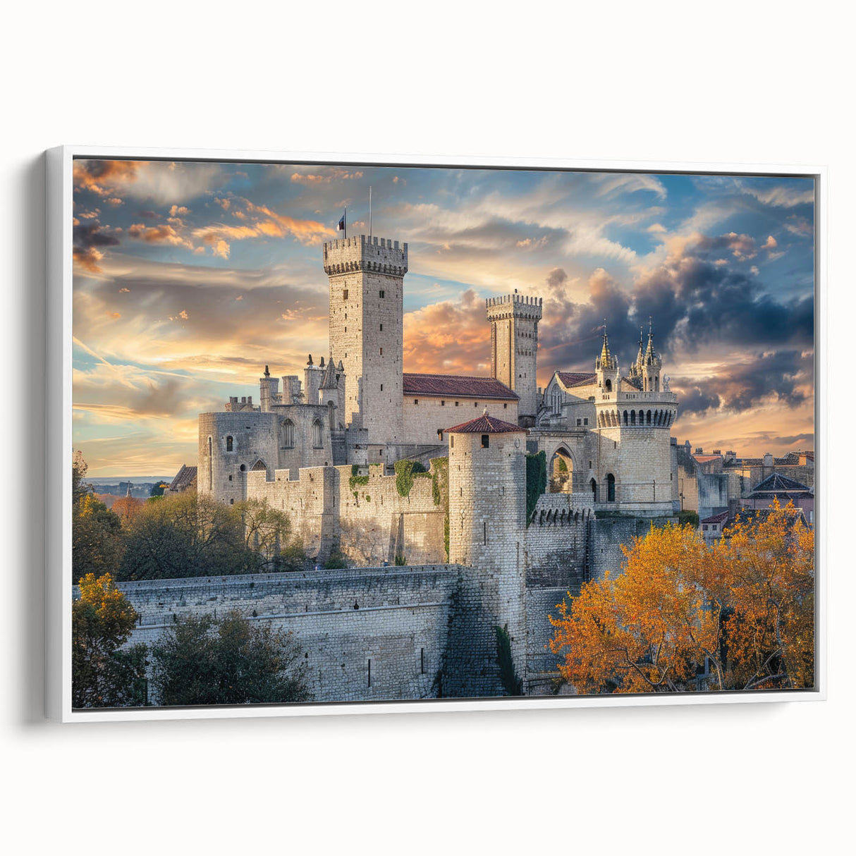 Framed canvas of a vintage-style palace landscape in muted black and white tones, ideal for bedroom wall decor.