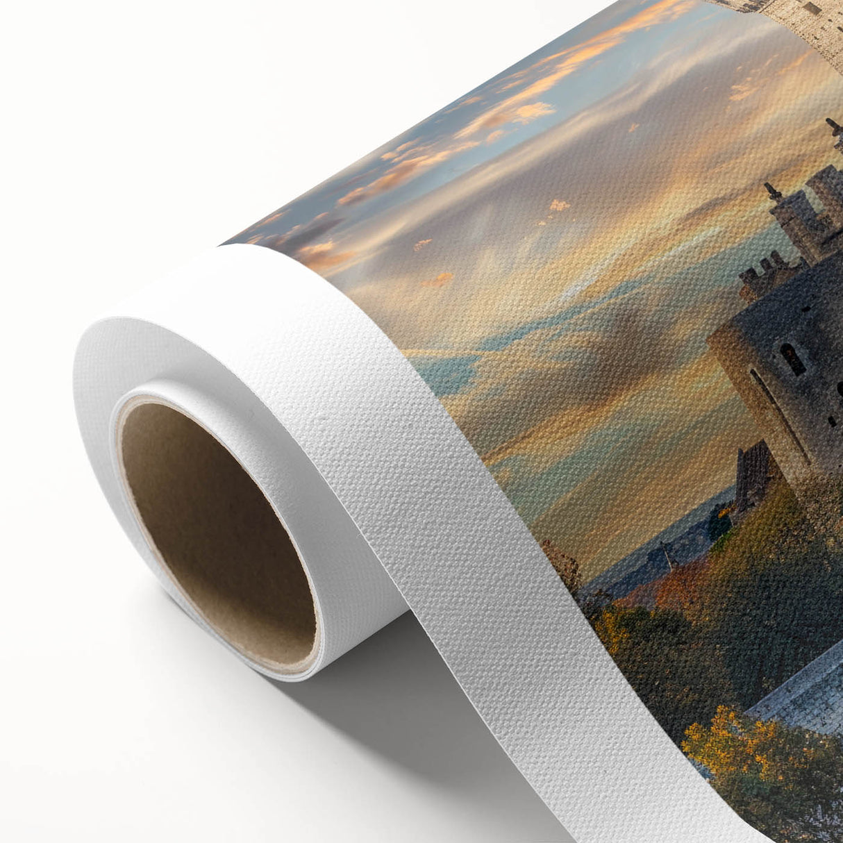 Art deco poster of a palace architecture in muted gold and blue tones on rolled canvas.