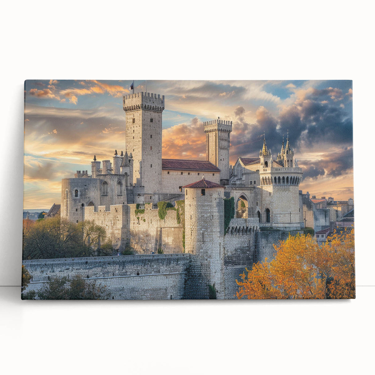 Black and white photo of a classic palace architecture on a large stretched canvas.