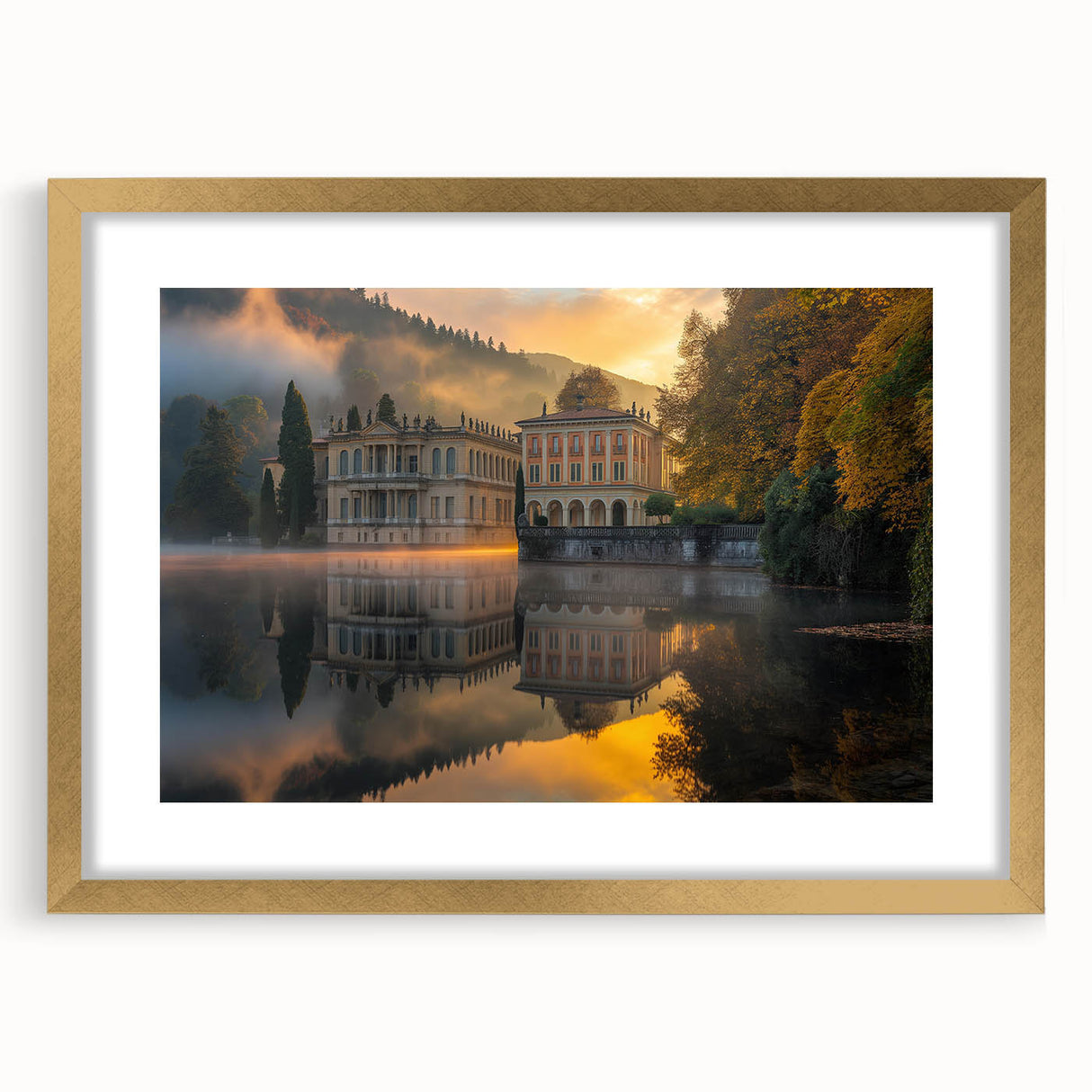 Textured abstract art print of a palace, in gold and beige tones on a framed canvas, suitable for bedroom decor.