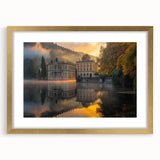 Textured abstract art print of a palace, in gold and beige tones on a framed canvas, suitable for bedroom decor.