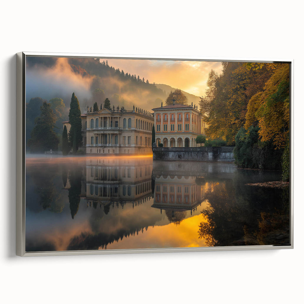 Vintage poster art of a palace design on framed canvas, featuring muted silver and black tones, ideal for living room decor.