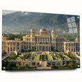 Large abstract wall art on acrylic glass depicting a palace design in muted gray and blue tones, ideal for dining room decor.