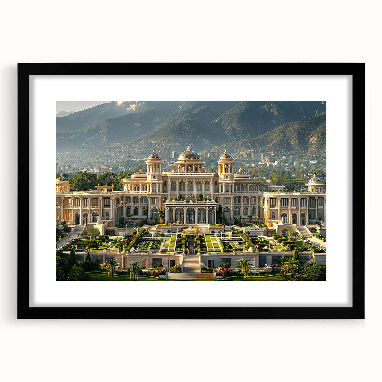 Extra large framed abstract art print featuring a colorful, textured depiction of a palace, ideal for living room decor.