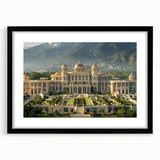 Extra large framed abstract art print featuring a colorful, textured depiction of a palace, ideal for living room decor.