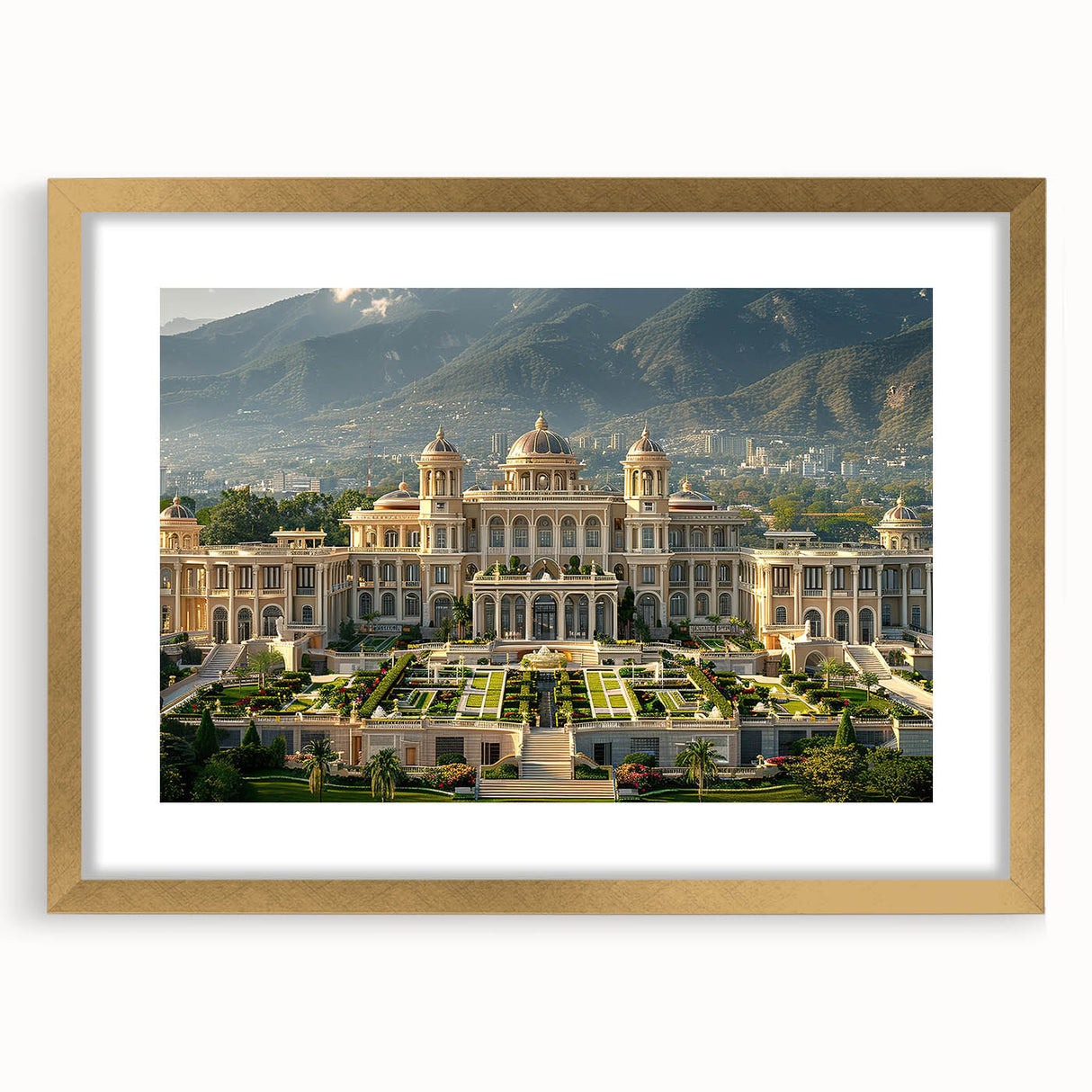 Textured abstract art print of a palace, in muted gold and white hues on a framed canvas, suited for bedroom decor.