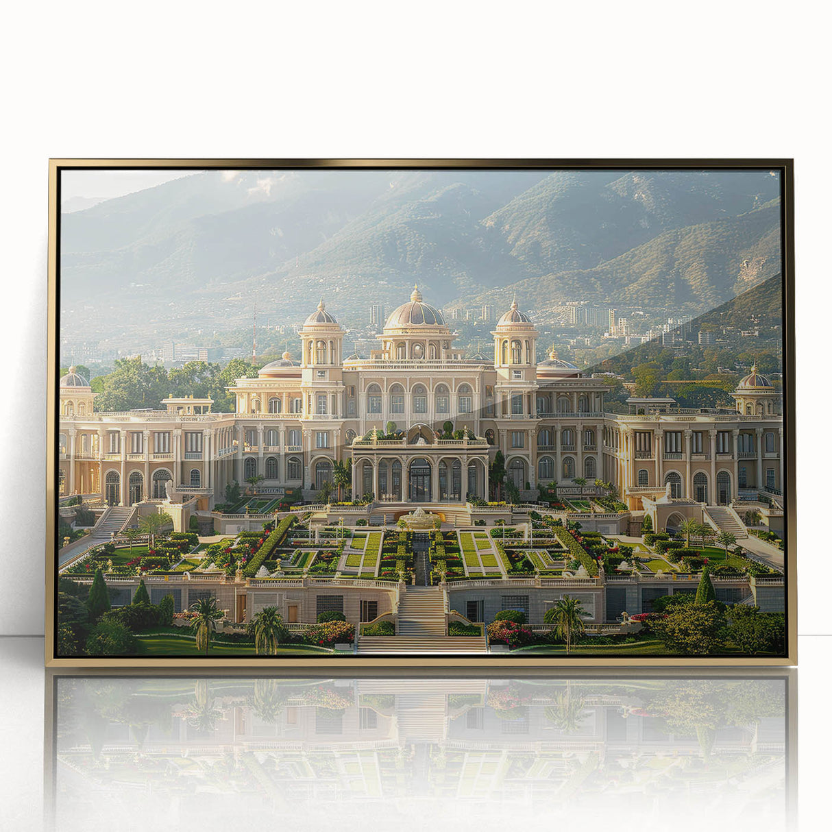 Mid-century modernist art deco palace design in gold and white tones, acrylic framed, suitable for modern art wall decor.