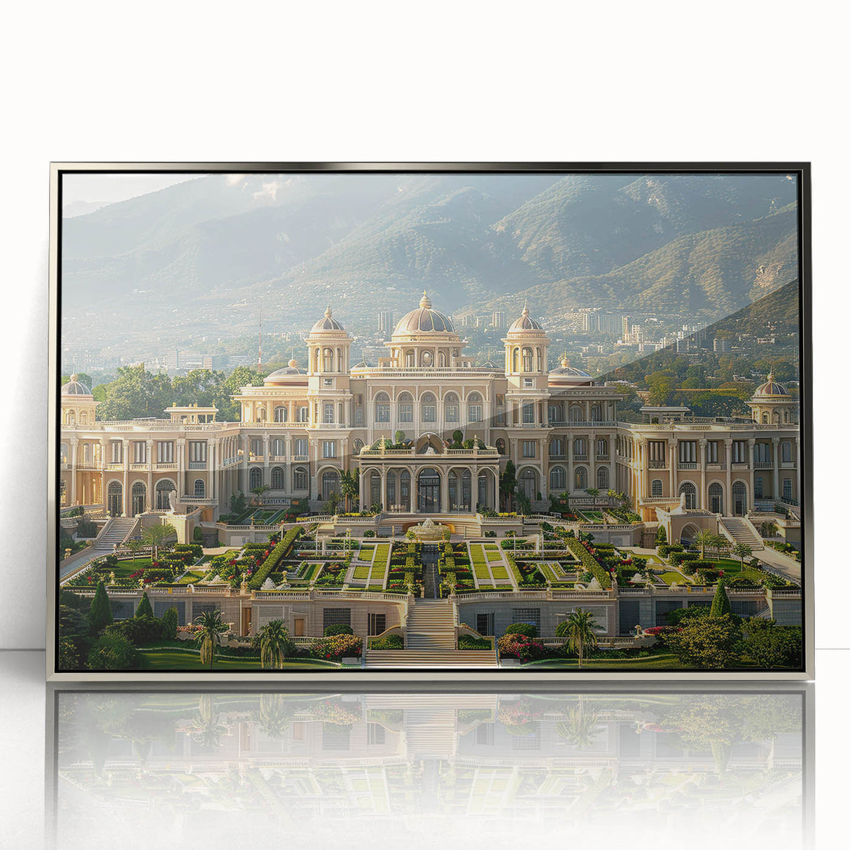 Art deco poster of a palace architecture design in silver framed acrylic, suitable for modern art wall decor.