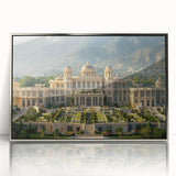 Art deco poster of a palace architecture design in silver framed acrylic, suitable for modern art wall decor.