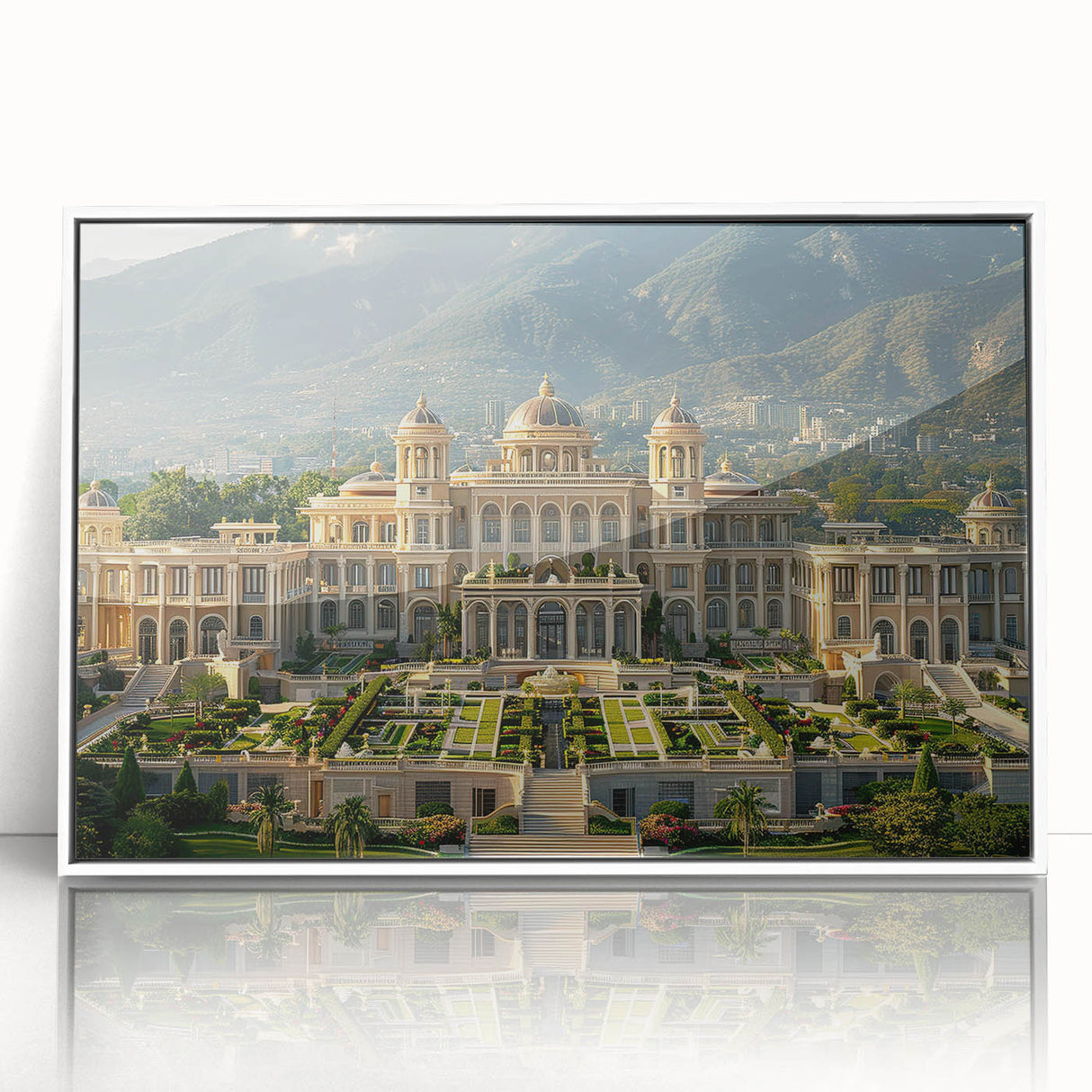 Mid-century modernist palace design in black and white on a framed acrylic large art print, suitable for nursery wall decor.
