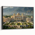 Black and white framed canvas featuring a vintage poster art of a palace landscape, suitable for bedroom decor.
