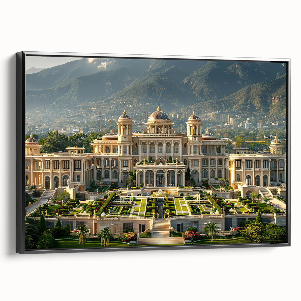 Black and white framed canvas featuring a vintage poster art of a palace landscape, suitable for bedroom decor.