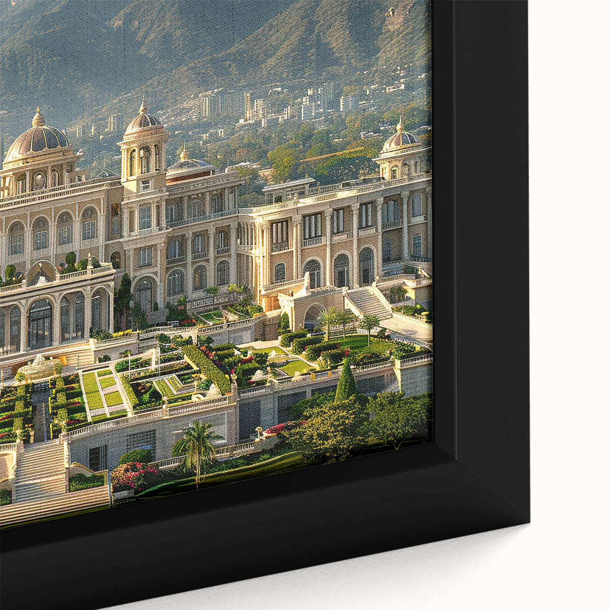 Extra large black wall art featuring a textured palace design with colorful accents on a framed canvas.