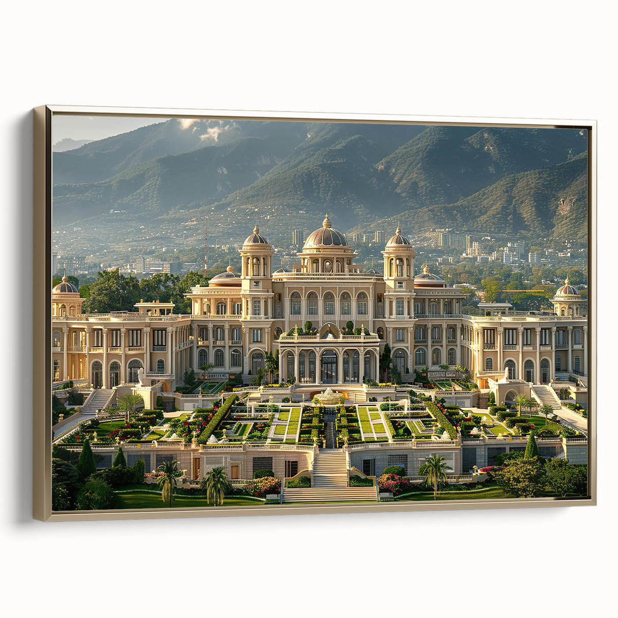 Framed canvas featuring a vintage poster of a colorful palace landscape, ideal for enhancing a living room or hallway.