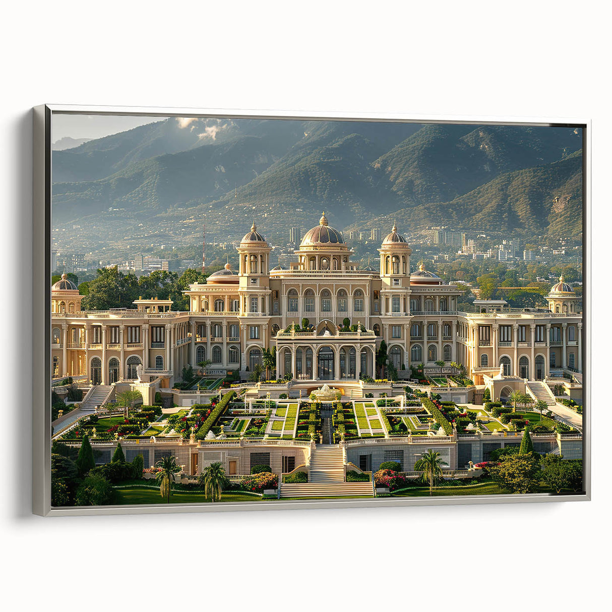 Vintage poster art of a palace architecture in muted grays and silvers on framed canvas, suited for living room decor.
