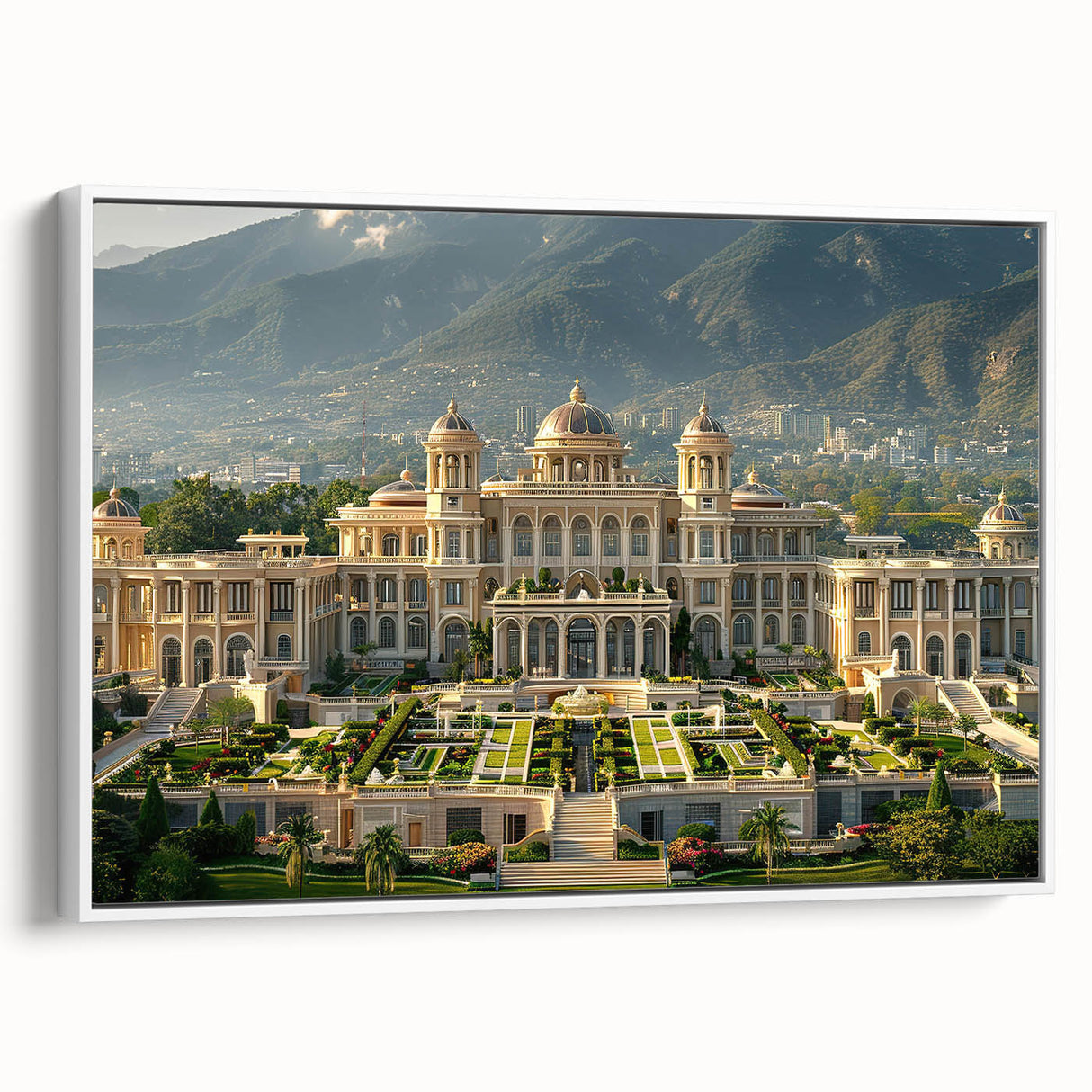 Framed canvas featuring a vintage poster art of a palace in muted black and gray tones, suitable for bedroom wall decor.