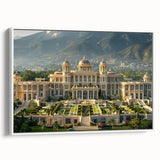 Framed canvas featuring a vintage poster art of a palace in muted black and gray tones, suitable for bedroom wall decor.