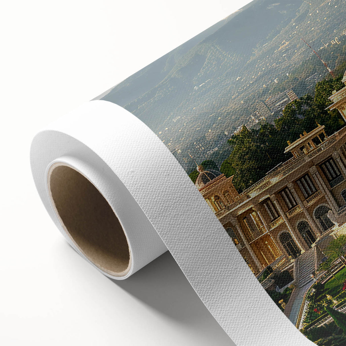 Art deco poster of a palace architecture on rolled canvas, in muted gold and blue tones, ideal for nursery wall art.