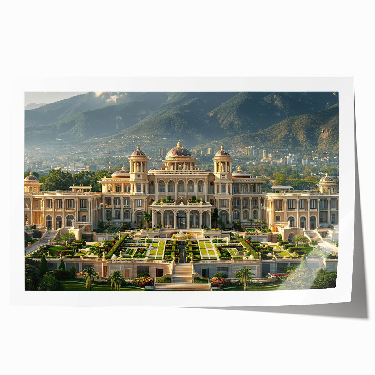 Rolled print of a palace architecture design in muted beige and ivory, ideal for art wall dining room.