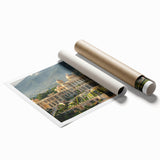 Extra large rolled print of a palace with floral motifs in muted earth tones, ideal for classy bathroom wall art.