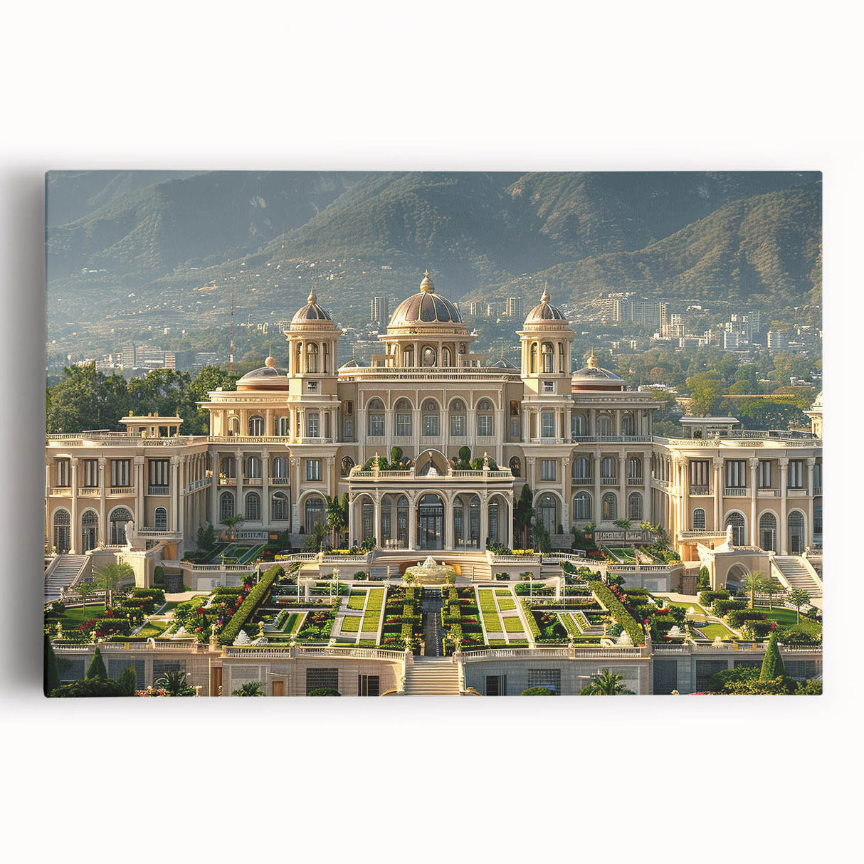 Black and white large art print of a palace architecture on a stretched canvas, ideal for kitchen wall art.