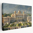 Large art depicting an ornate palace design in muted beige tones on a stretched canvas, ideal for kitchen wall art.