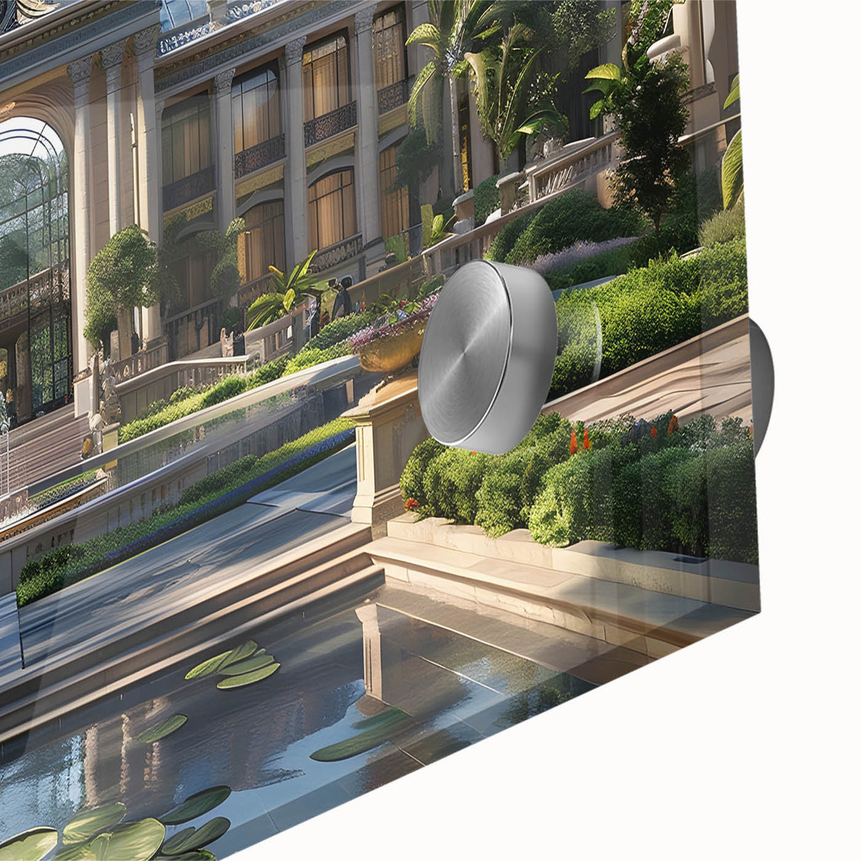 Large abstract wall art on acrylic glass featuring mid-century modernist architecture in muted earth tones.