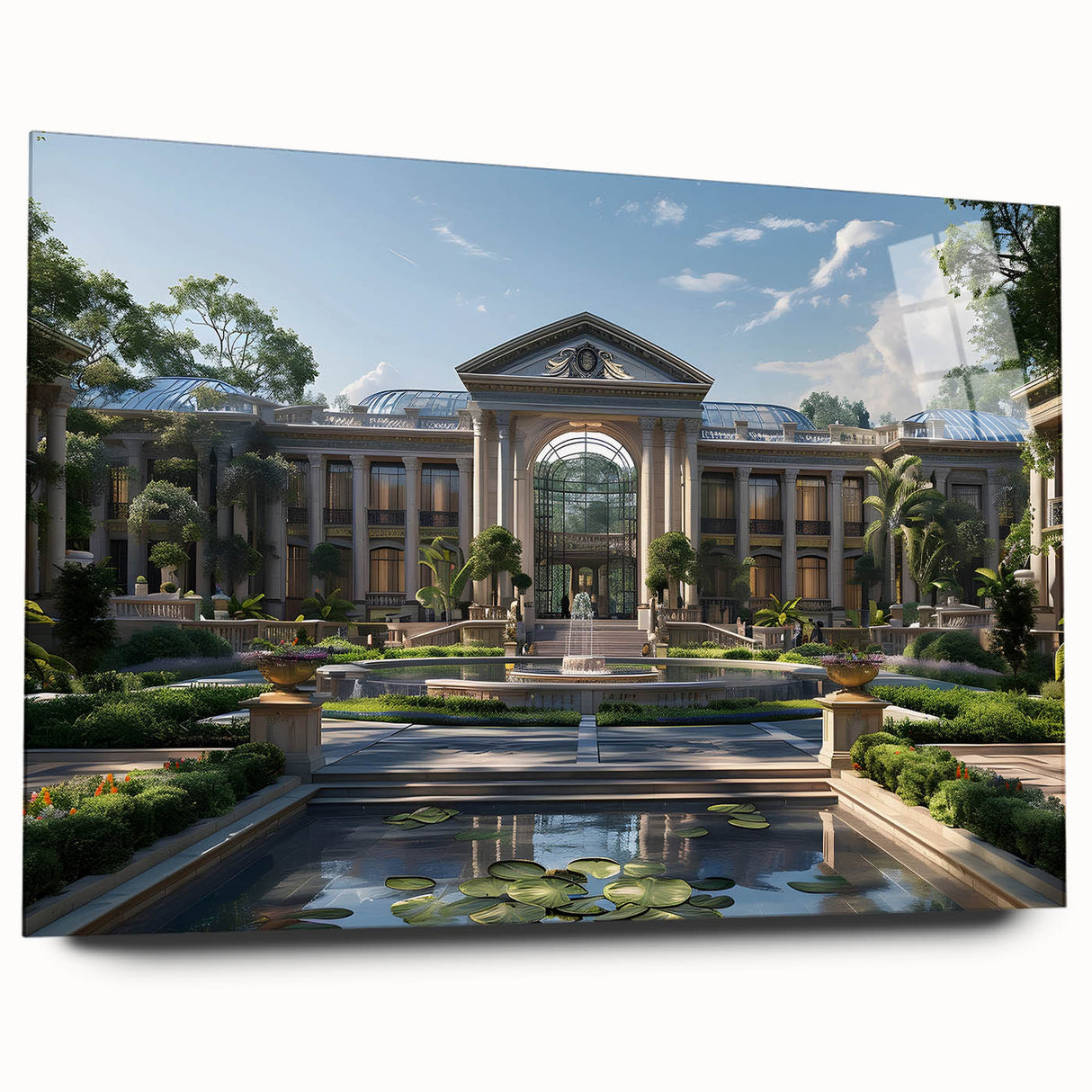 Large abstract wall art on acrylic glass depicting a minimalist palace design in muted tones.