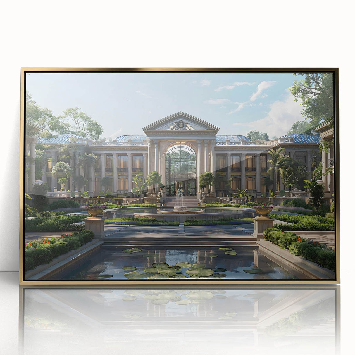 Mid-century modernist art deco poster of a palace, in gold tones, framed acrylic, ideal for nursery wall art.