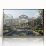 Mid-century modernist art deco poster of a palace, in gold tones, framed acrylic, ideal for nursery wall art.