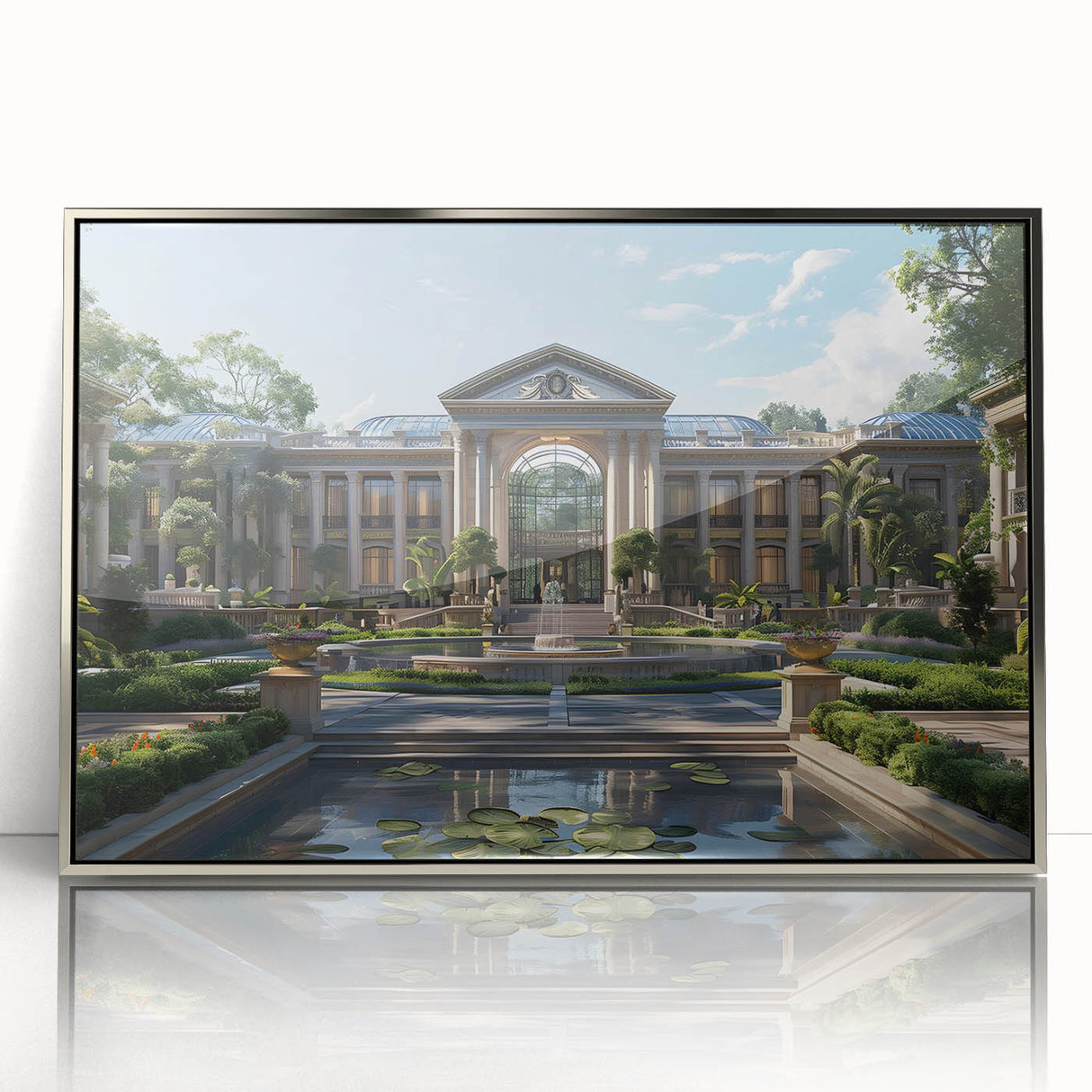 Art deco poster of a palace architecture, in silver acrylic frame, suited for modern nursery decor.