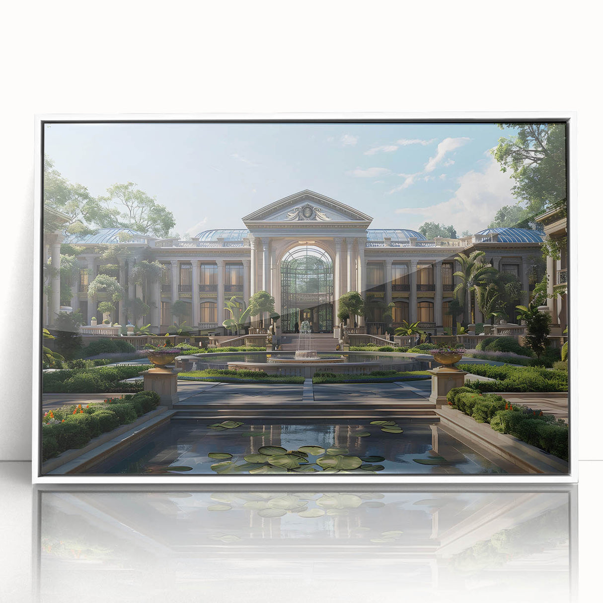 Large acrylic print of a mid-century modernist palace design in muted gray and white tones, ideal for modern art wall decor.
