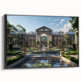 Black and white framed canvas of a vintage palace design in monochrome tones, ideal for bedroom wall art.