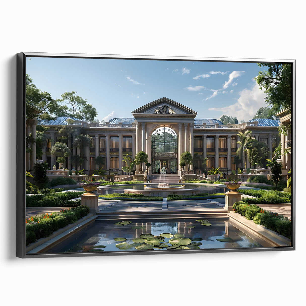 Black and white framed canvas of a vintage palace design in monochrome tones, ideal for bedroom wall art.
