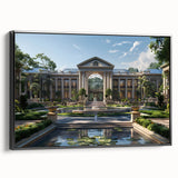 Black and white framed canvas of a vintage palace design in monochrome tones, ideal for bedroom wall art.