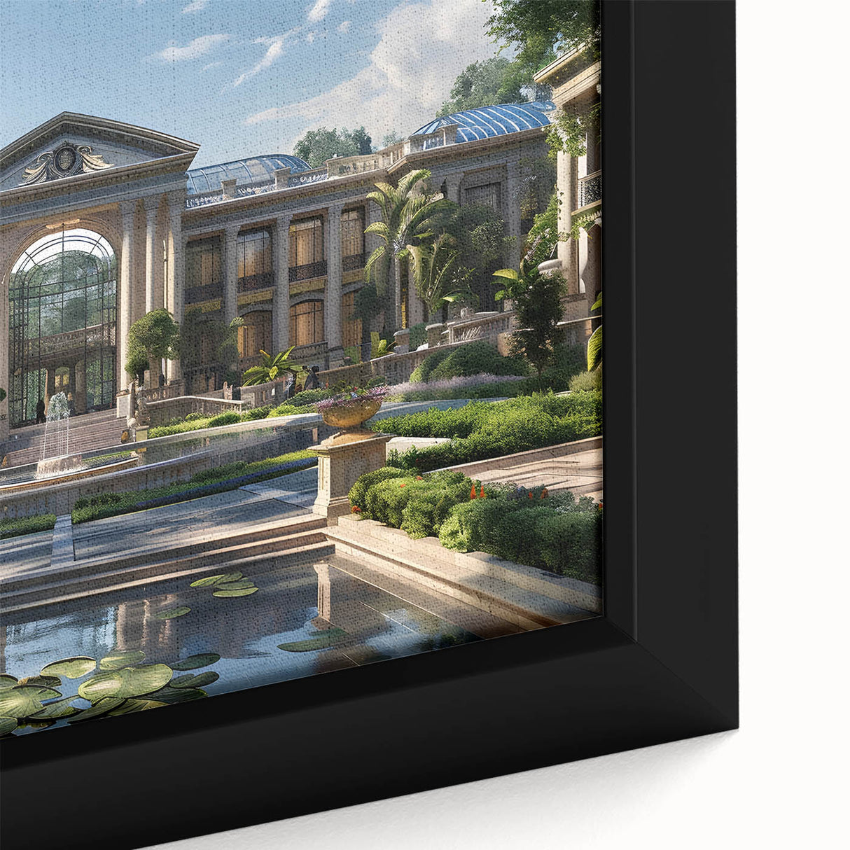 Extra large framed canvas of a black palace design with colorful, textured details, ideal for living room decor.