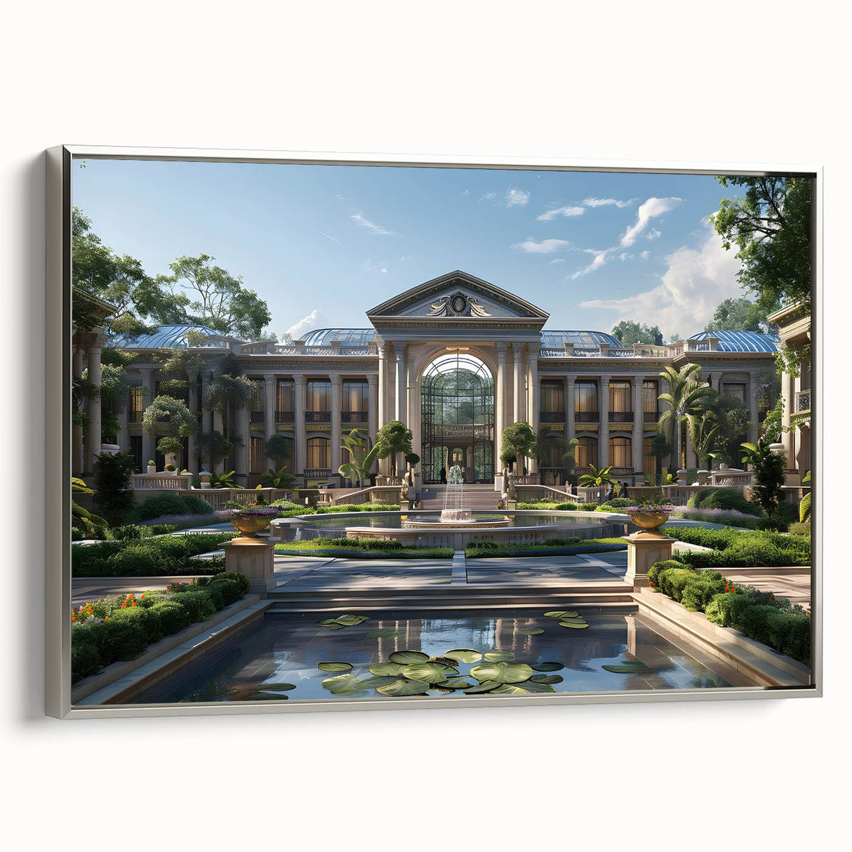 Vintage poster art of a palace in vibrant colors on a large framed canvas, ideal for living room decor.