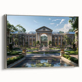 Vintage poster art of a palace in vibrant colors on a large framed canvas, ideal for living room decor.
