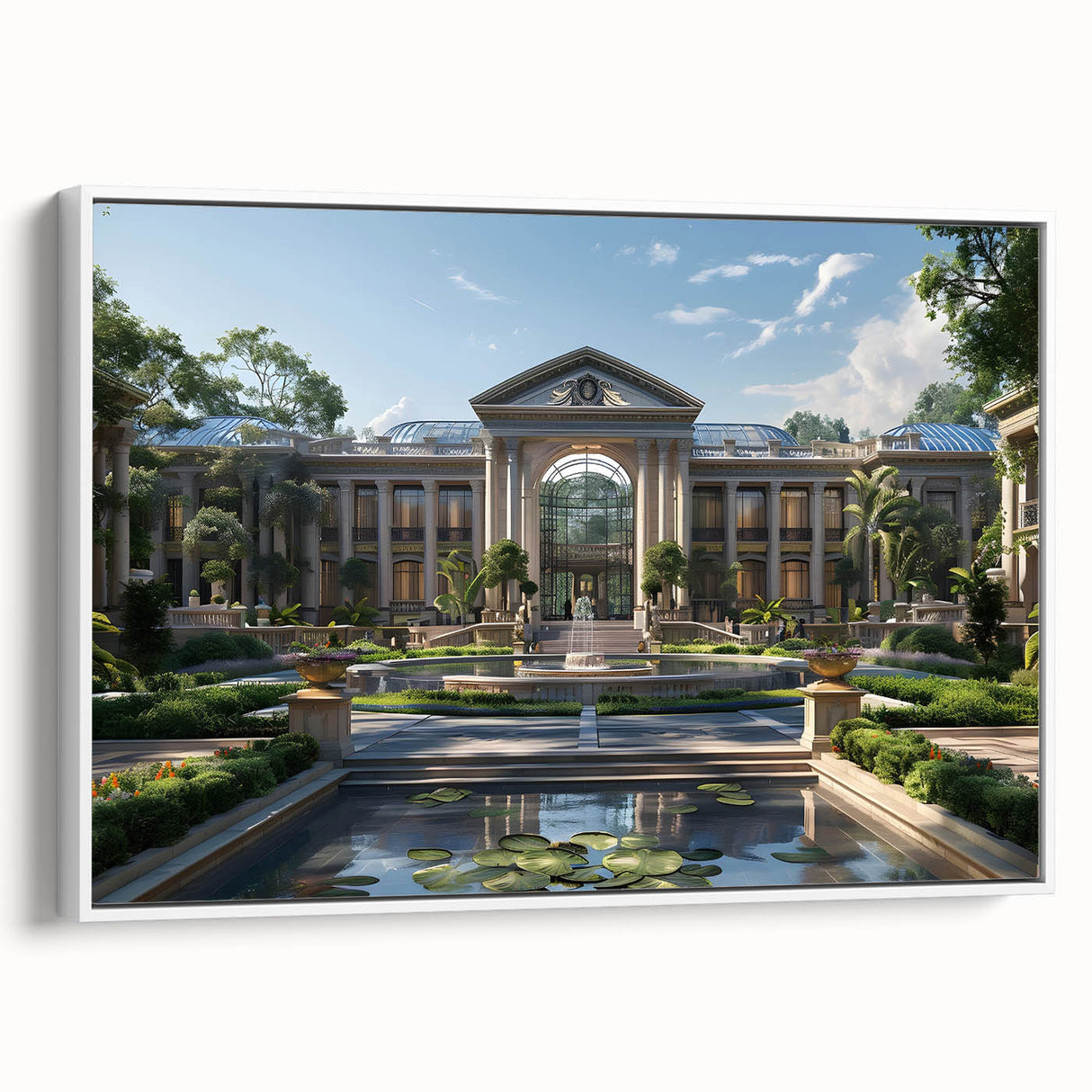 Framed canvas featuring a vintage poster of a black and white palace landscape, ideal for bedroom wall art.