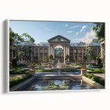 Framed canvas featuring a vintage poster of a black and white palace landscape, ideal for bedroom wall art.