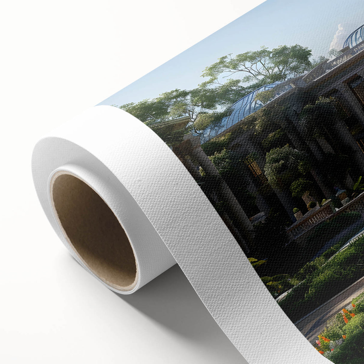 Art deco poster of a palace architecture on rolled canvas, in muted gold and teal, ideal for nursery wall art.