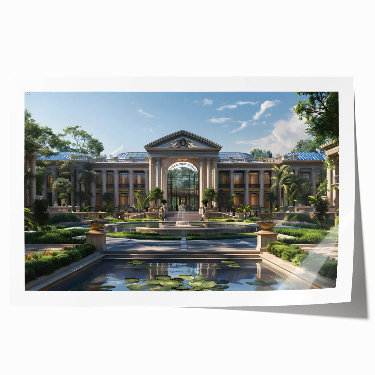 Rolled print of a detailed palace architecture design in muted earth tones, ideal for art wall dining room.