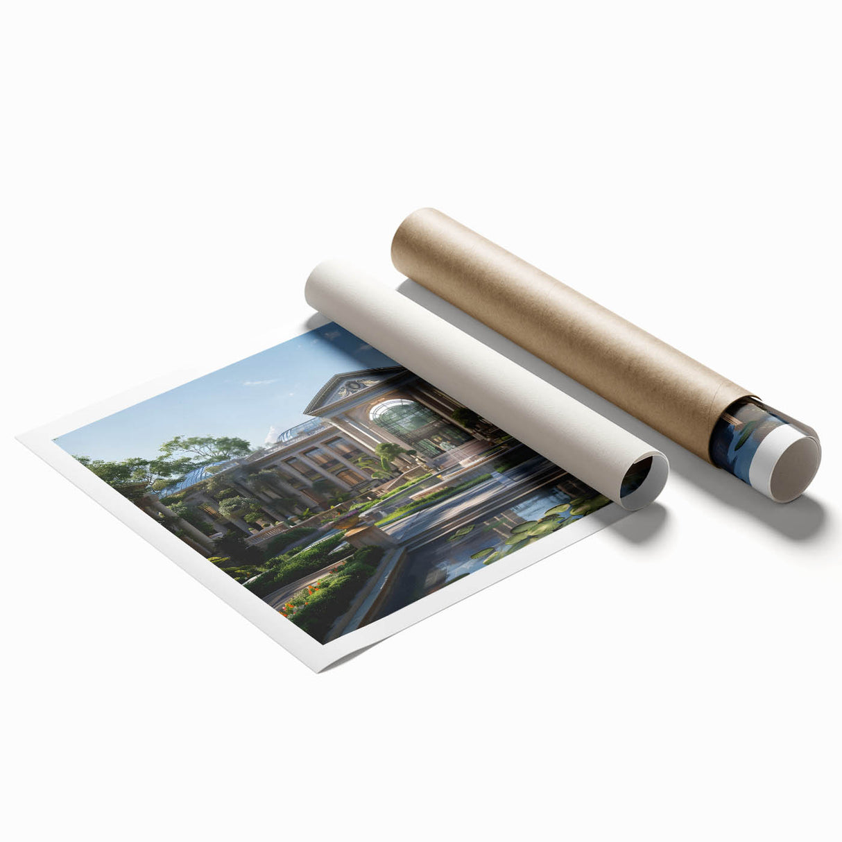 Extra large rolled print featuring a detailed floral design on a palace architecture backdrop.