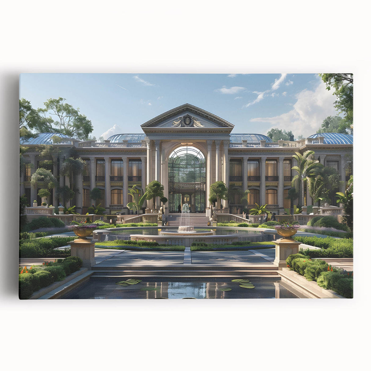 Black and white photograph of a grand palace, printed on large stretched canvas, suitable for kitchen art.