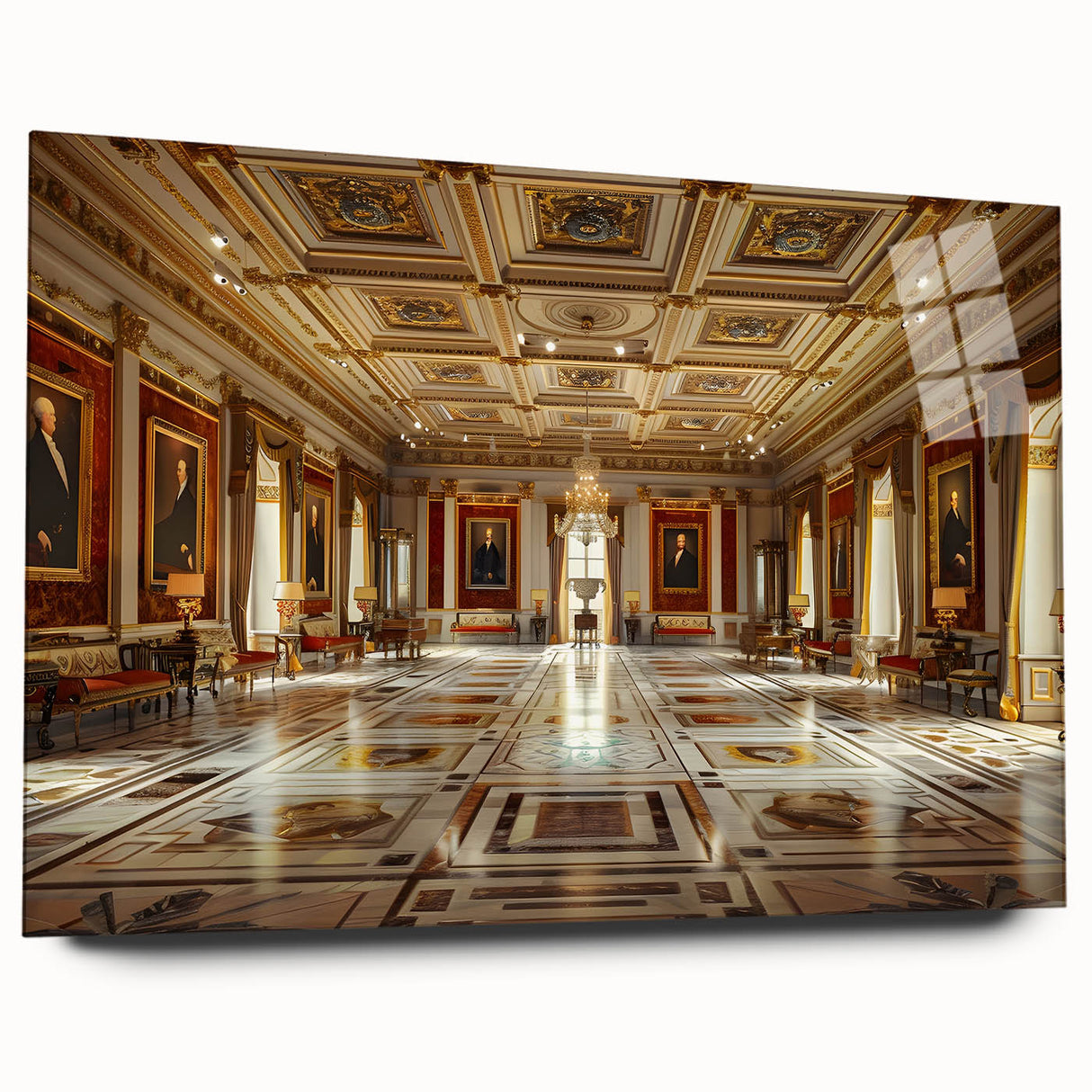 Large abstract wall art on acrylic glass depicting a modernist palace design in monochrome shades.