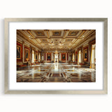 Abstract art print featuring geometric patterns in muted gold and silver tones on a framed canvas.