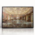 Large abstract wall art featuring a mid-century modernist palace design in black and white tones on a framed acrylic panel.