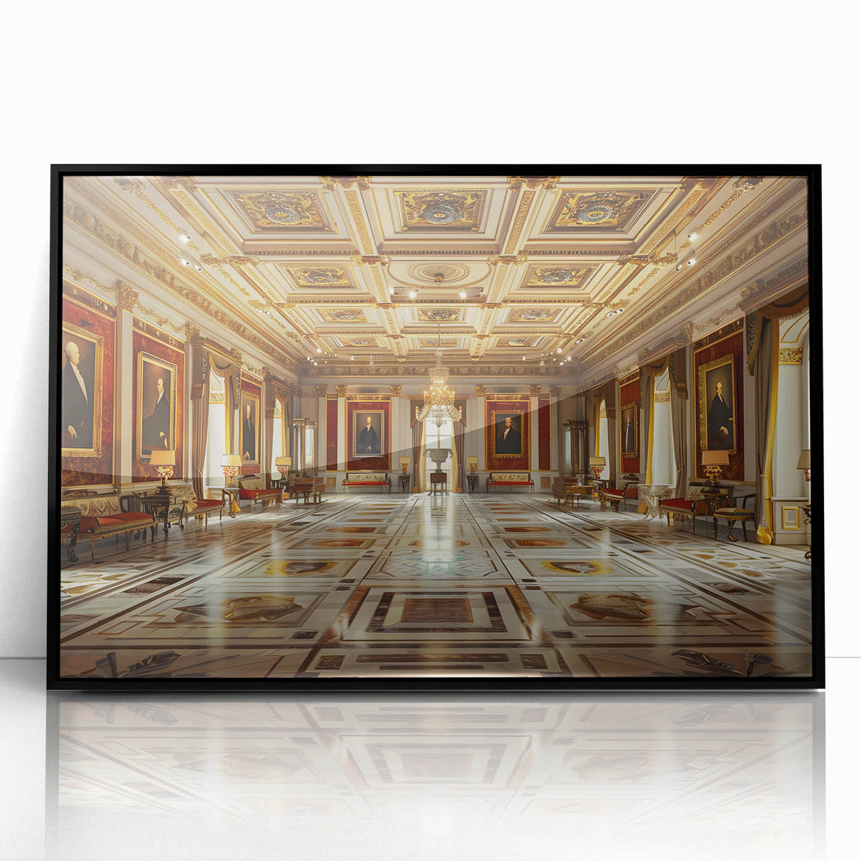Large abstract wall art featuring a mid-century modernist palace design in black and white tones on a framed acrylic panel.