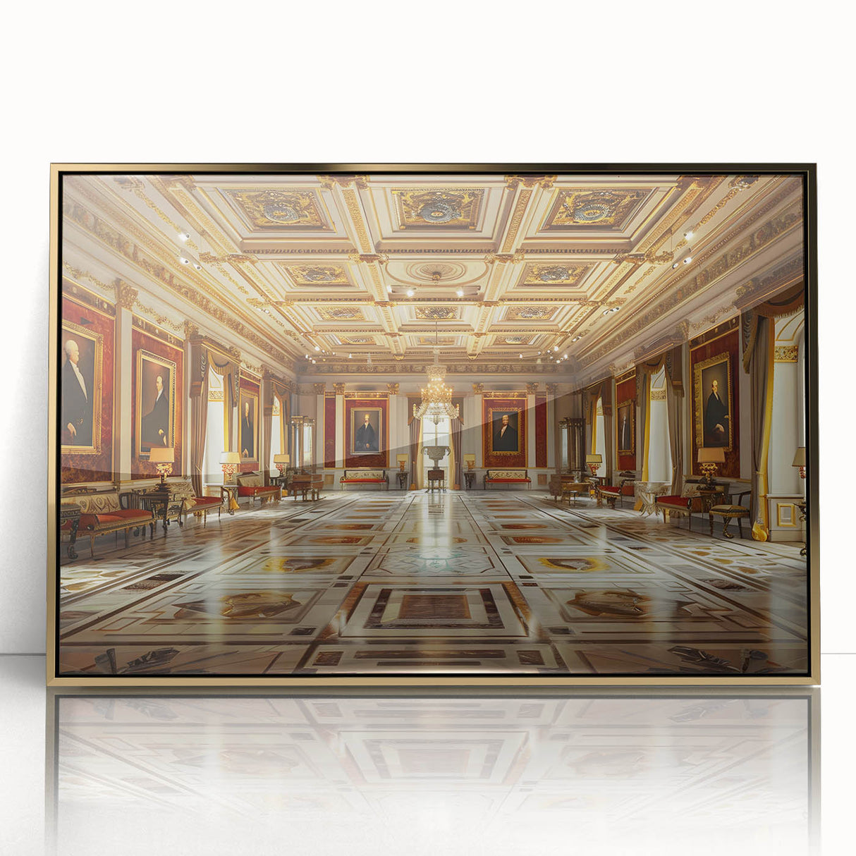 Mid-century modernist art depicting a palace, in gold and white tones on a framed acrylic, suitable for nursery wall decor.